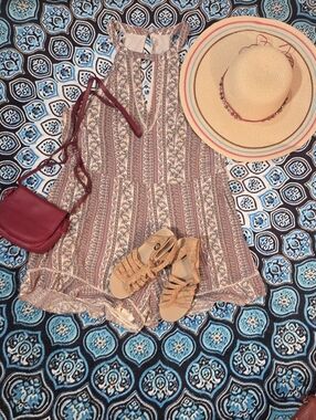 American Eagle Outfitters Cream Romper with Pink and Green Floral Design